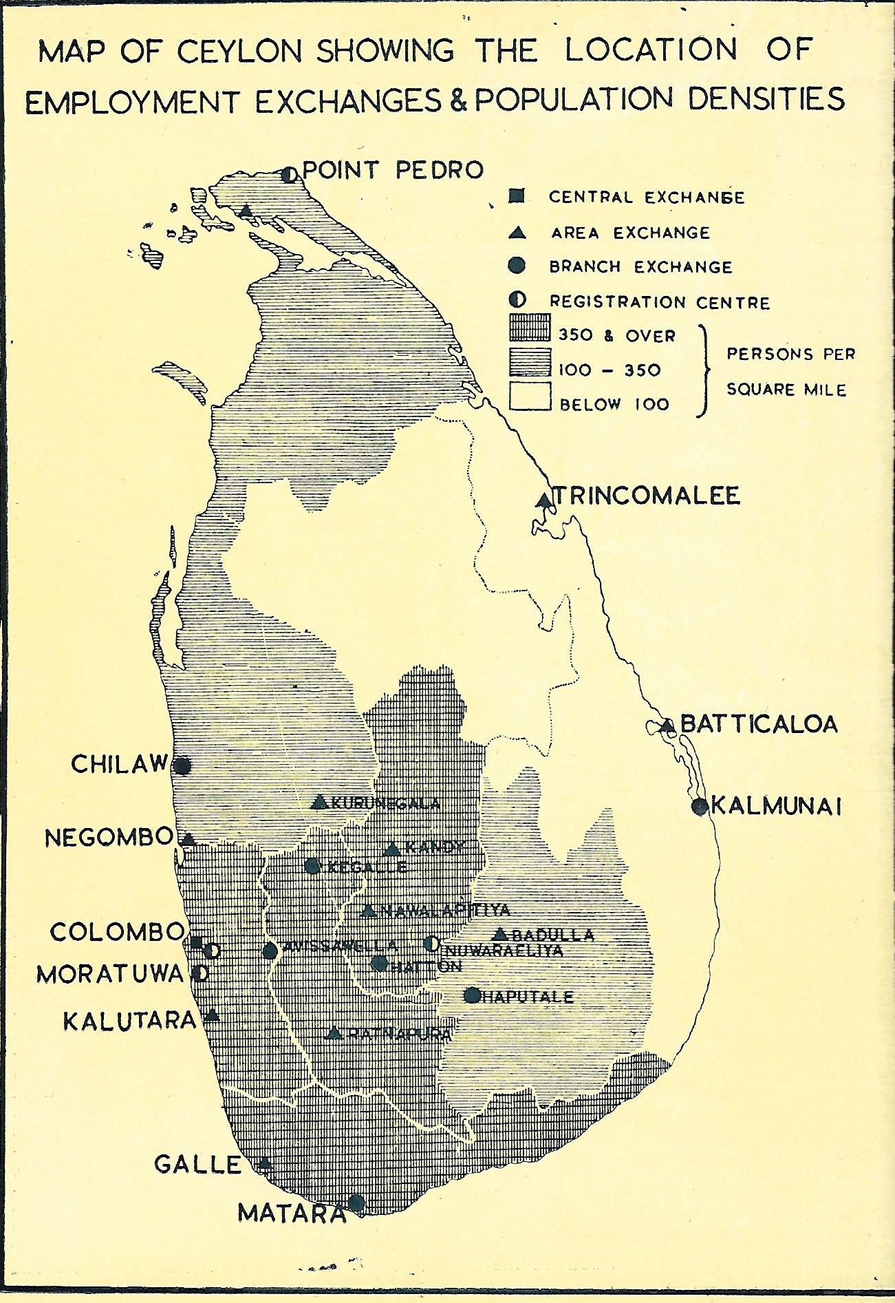MAP OF CEYLON SHOWING THE LOCATION OF EMPLOYMENT EXCHANGES & POPULATION DENSITIES