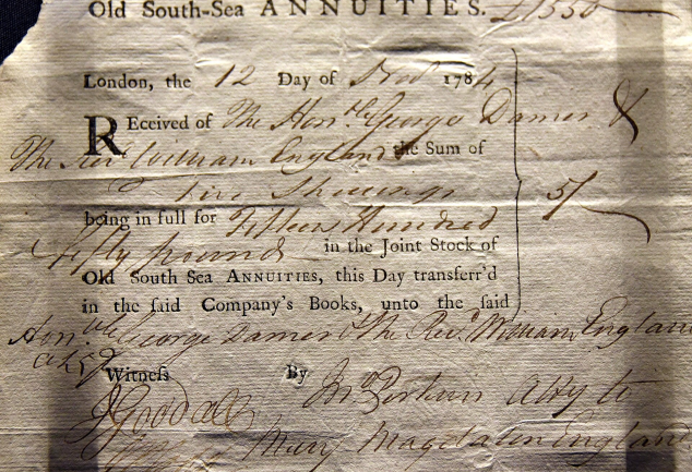 South Sea Annuities share certificate, issued 13 November 1784 (British Museum)
