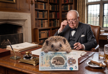 hedgehog holding the note (unedited) on winston churchill's desk with him in the background