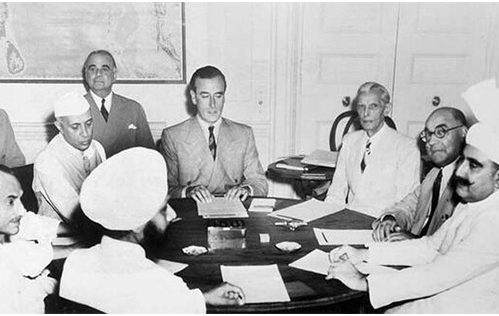 Mountbatten flanked by Nehru (left) and Jinnah (right) negotiating partition in 1947