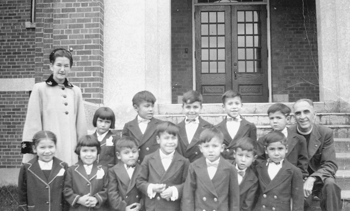 Staff and students at the Shingwauk Indian Residential School, circa 1940